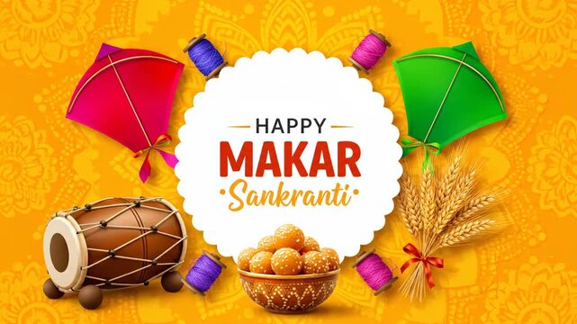Happy Makar Sankranti Festival Greeting Background Kite Wheat Drum Ladoo