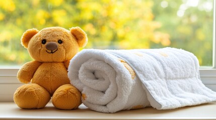 A soft teddy bear sits next to a rolled white blanket with a yellow pattern in warm sunlight