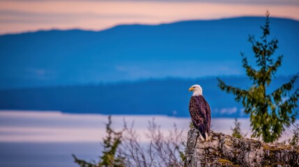 a magnificent bald eagle rests on a rugged cliff overlooking a breathtaking panoramic view of a mountain range and tranquil lake during the golden hour