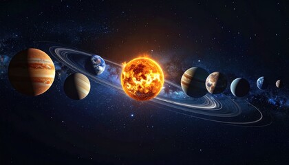 Artistic Depiction of the Solar System with Planets and Rings.