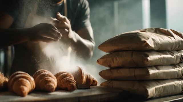 A baker dusts flour over freshly baked croissants in a sunlit artisan bakery, creating a warm and inviting atmosphere. Stacks of packaged bread are ready for sale nearby