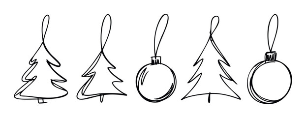 Simple festive doodle elements featuring outline Christmas trees and round ornaments for minimalist holiday branding, seasonal event promotions, and creative winter celebration graphics.