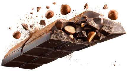 Dark chocolate bar snapping in half with hazelnuts and pieces flying around on white background with food and confectionery and sweet and delicious