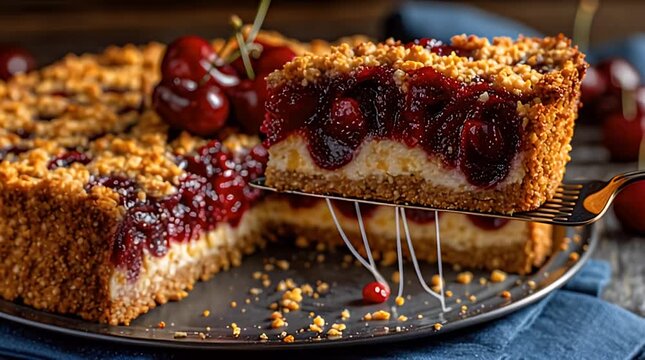 A cherry dessert, partially sliced, sits on a plate. The filling reveals layered textures and colors, with cherries atop