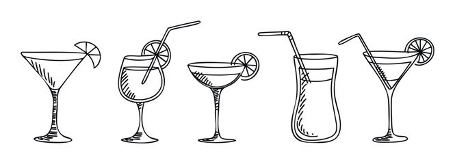 A whimsical set of outline cocktail glasses showcasing various refreshing summer beverages and fruit garnishes, perfect for menus, invitations, or lighthearted graphic projects.