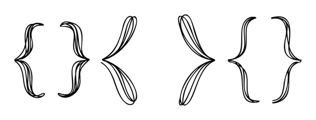 Hand drawn curly braces and decorative bracket symbols with flowing multiple lines suitable for abstract typography, graphic design elements, or educational materials