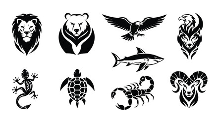 Monochrome animal illustrations for logos, tattoos, and graphic design emblems for creative branding solutions