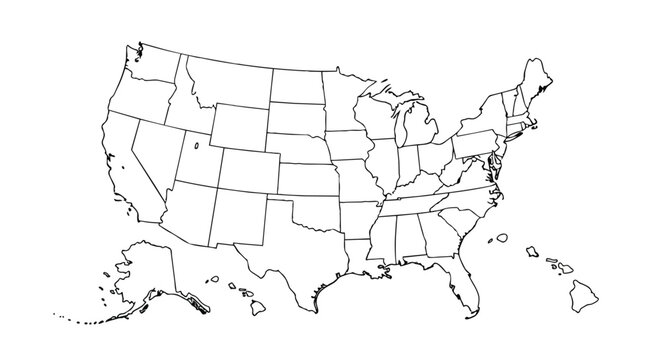 United States national outline map showing all states including Alaska and Hawaii, featuring distinct borders for educational learning and