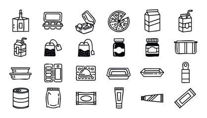 A comprehensive collection of line icons representing various food and drink packaging, grocery items, and meal containers, ideal for illustrating delivery services, supermarket apps, or
