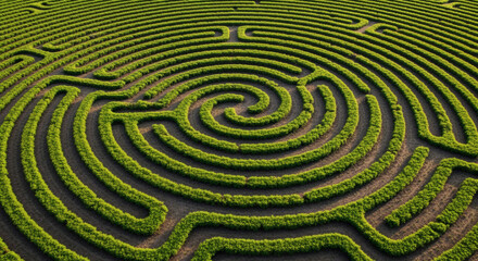 Naklejka premium Aerial view of a large, complex circular labyrinth constructed from trimmed green hedges and pathways, creating a visual puzzle