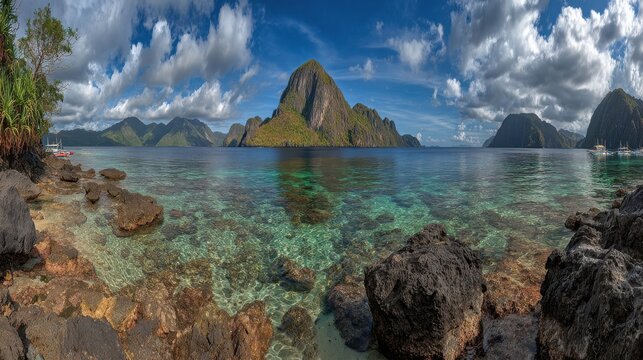 a serene beach landscape with crystal clear turquoise waters lapping against the golden shoreline framed by a vibrant blue sky dotted with fluffy white clouds and towering cliffs in the background - Powered by Adobe