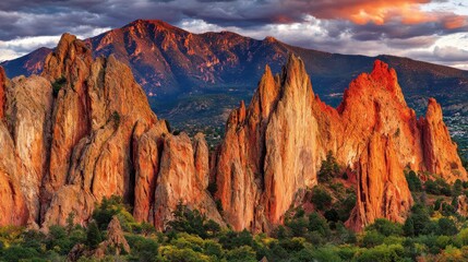a breathtaking view of towering rock formations in the desert under the warm glow of the setting sun