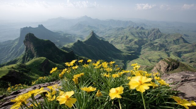 a picturesque view of vibrant green hills in ethiopia dotted with colorful meskel flowers evoking a sense of rejuvenation and optimism under a serene blue sky