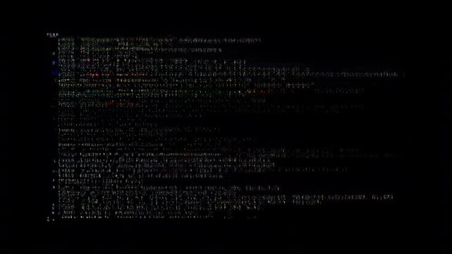 Abstract digital data glitch overlay on black background. Retro VHS style noise and screen artifacts provide powerful texture for transitions, cinematic effects, and technological themes.