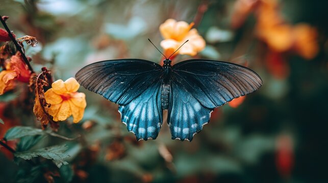 vibrant closeup of a pipevine swallowtail butterfly resting on a colorful flower