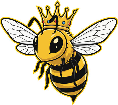 Cute cartoon queen bee with golden crown vector illustration, kawaii chibi honey bee mascot in playful style for logos and kids graphics