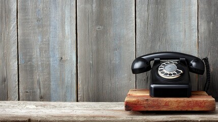 chic retro decor classic rotary phone resting on rustic wood stand
