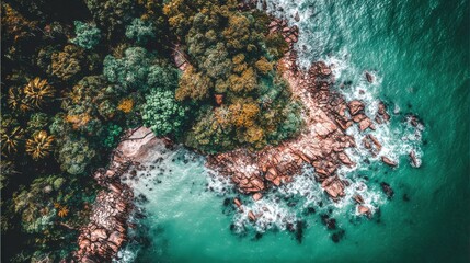 aerial view of stunning coastal cliffs and turquoise waters at cathedral cove in new zealand