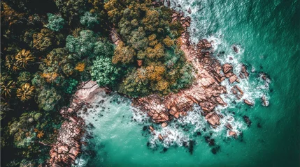 Handdoek met foto Cathedral Cove aerial view of stunning coastal cliffs and turquoise waters at cathedral cove in new zealand  © Johannes