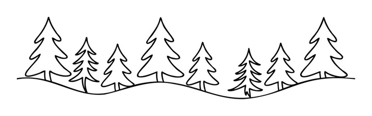 Line drawing of a winter forest landscape featuring stylized fir trees on rolling snowy hills perfect for seasonal greeting publications or winter holiday themed promotions