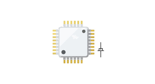 Integrated circuit with numerous golden pins alongside a distinct Zener diode electronic symbol for circuit design