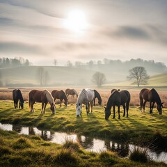 Obraz premium Horses graze peacefully in a sunlit meadow near a tranquil stream, a serene landscape.