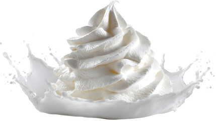A dollop of whipped cream falling in soft peaks with a splash of milk on a white background for dessert or culinary use with dairy and food and sweet