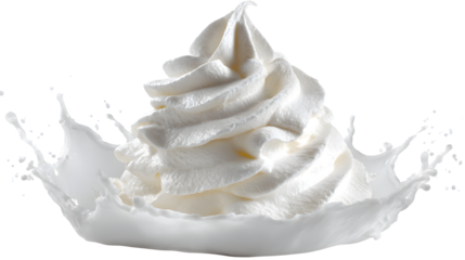 A dollop of whipped cream falling in soft peaks with a splash of milk on a white background for dessert or culinary use with dairy and food and sweet
