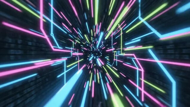A vibrant display of neon lights converge in a tunnel-like illusion. The abstract design has a futuristic, techy mood, and is one of many graphic resource options