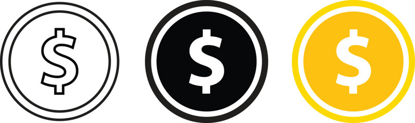 Dollar coin icon set in outline solid and yellow styles, money currency symbols for banking and financial services, gold coin graphics for business payment and wealth management vector illustration.