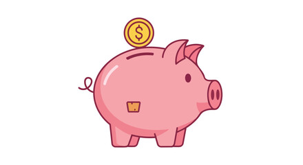 Charming pink piggy bank illustration with a gleaming dollar coin perched for saving, symbolizing financial growth and secure investment future