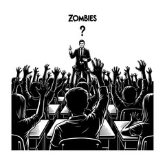 Funny Teacher Asking Class Question With Students Raising Hands Like Zombies Illustration
