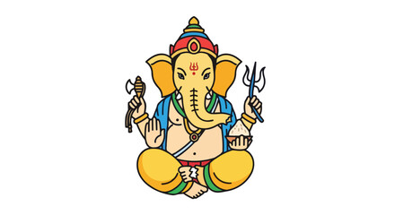 Naklejka premium Vibrant cartoon depiction of an enlightened elephant-headed deity, symbolizing wisdom, success, and removal of life's obstacles