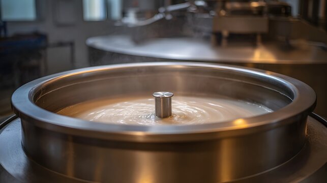 Close up of swirling liquid in a stainless steel industrial tank with steam rising indicating a manufacturing process - Powered by Adobe