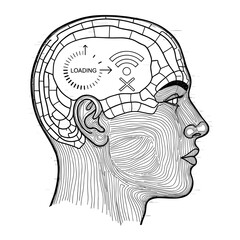 Human Head Profile With Loading Circle And Disconnected WiFi Signal Illustration