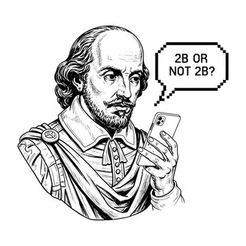 Funny William Shakespeare Holding Smartphone With 2B Or Not 2B Speech Bubble Illustration