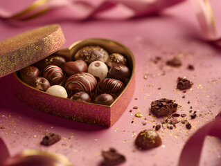 Chocolate  in heart shape box on pink background.