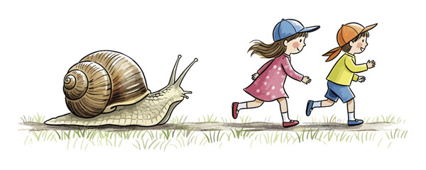 Funny Giant Snail Chasing Two Running Children Illustration