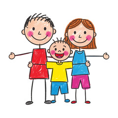 Cute Happy Family Kids Crayon Drawing Stick Figures Illustration