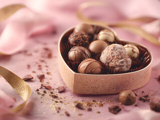 Chocolate  in heart shape box on pink background.
