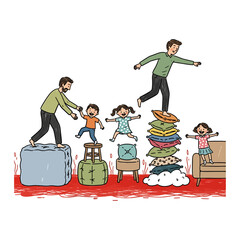 Happy Family Playing The Floor Is Lava Game Jumping On Furniture Illustration