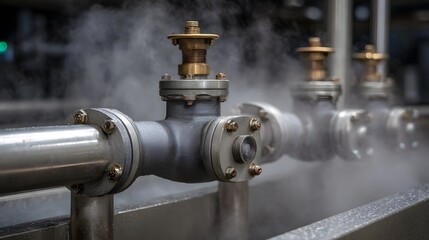 Fototapeta premium Close up of industrial pipes and valves releasing steam in a manufacturing plant highlighting intricate hinery and industrial processes