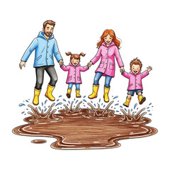 Happy Family Jumping In Muddy Puddle Wearing Raincoats And Boots Illustration