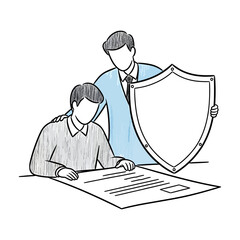 Professional Man Protecting Client With Shield While Signing Contract Illustration