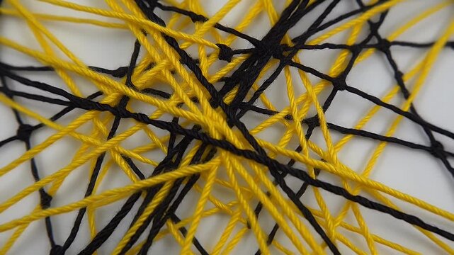 Tangled threads of creativity: Abstract pattern of yellow and black string on a white background