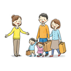 Happy Woman Welcoming Family With Suitcases Arriving For Visit Illustration
