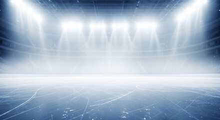 Empty ice rink arena with bright lights and fog, hockey stadium interior with spotlight beams and mist, frozen ice surface with markings with hockey arena