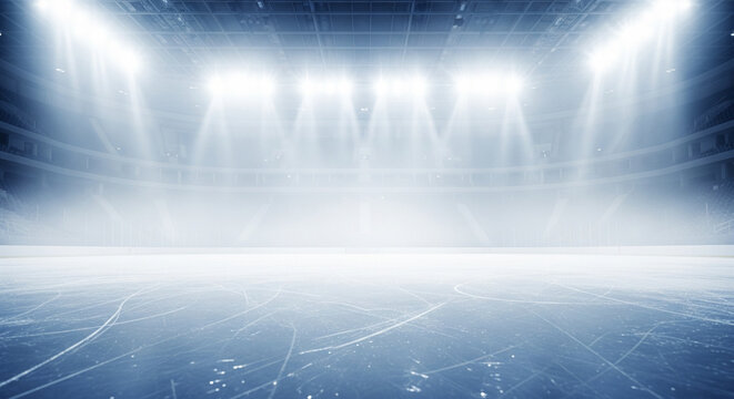 Empty ice rink arena with bright lights and fog, hockey stadium interior with spotlight beams and mist, frozen ice surface with markings with hockey arena