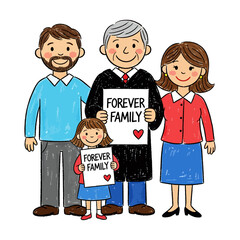 Happy Parents Daughter And Judge Celebrating Adoption Day With Forever Family Signs Illustration