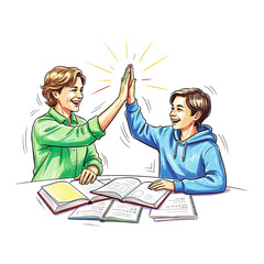 Happy Mother And Son High Five Celebrating Homework Success Illustration